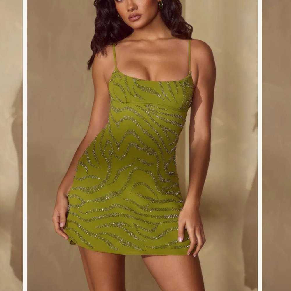 Leonora beaded Olive Green mini Dress Oh Polly